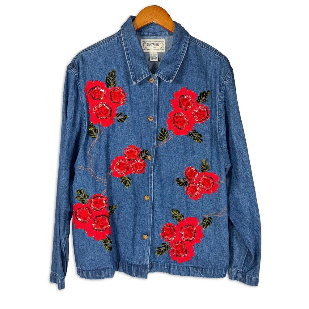 Tantrums Denim Jacket Red Floral Applique Sequins Cottagecore 90s Y2K XL